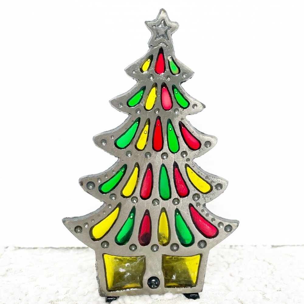 Vintage Stained Glass Cast Iron Christmas Holiday Tree 7" Votive Candle Holder